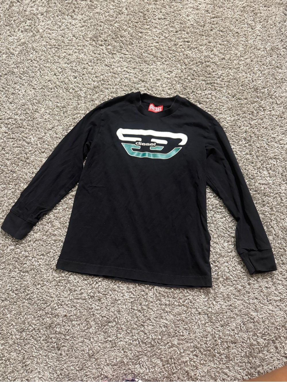 Diesel Black Long-Sleeve Tee with White and Teal Logo